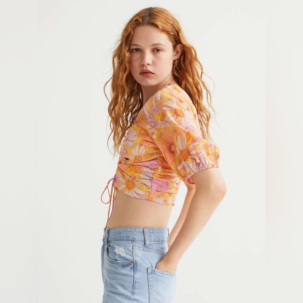 H&M Floral Puff Sleeve Ruched Crop Top - Size XL